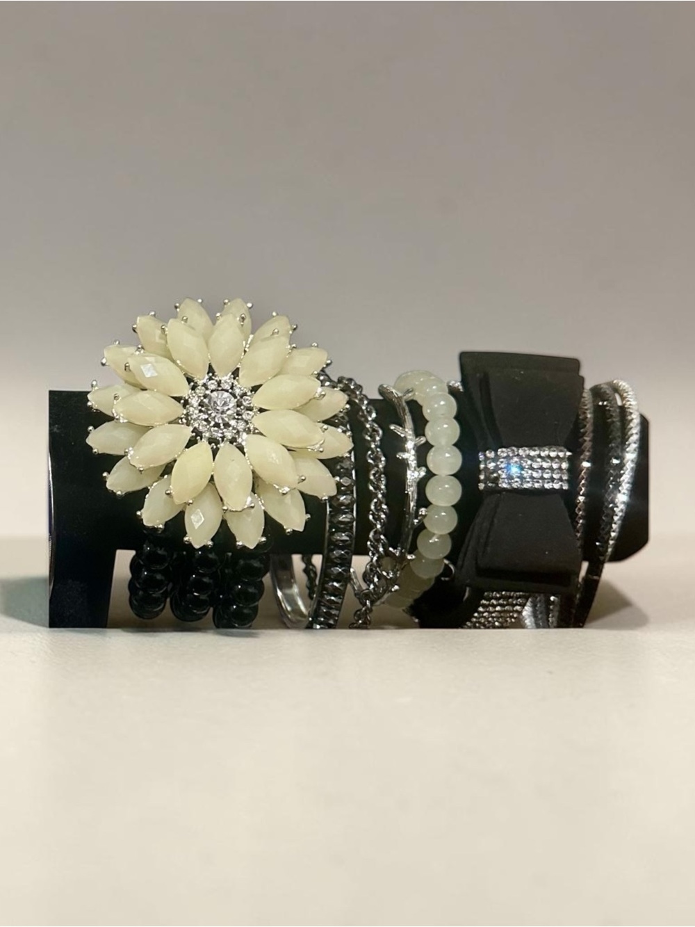 Signature Faith Cream Floral Statement Bracelet Stack Black Bow Silver Accents